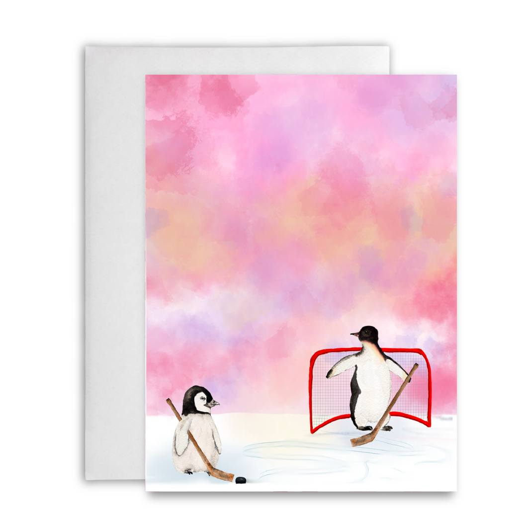 Pink Penguin Hockey Greeting Card